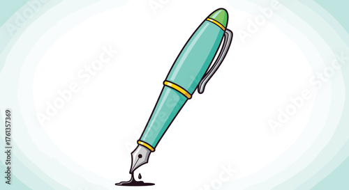Elegant Fountain Pen Dripping Ink Illustration on White Background – Writing Instrument for Calligraphy, Journaling, Education, and Creative Design Projects in Retro Cartoon Style for Marketing Materi
