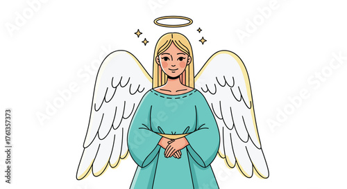 Blonde Angel Protecting with Gentle Guidance and Divine Light in a Celestial Realm, Ideal for Religious Themes, Spiritual Art, Holiday Greetings, Peaceful Illustrations, Hopeful Messages, Graphic Desi