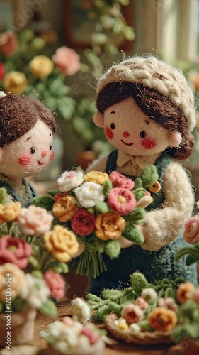 Artistic textile dolls with floral bouquet and surrounding flower arrangements