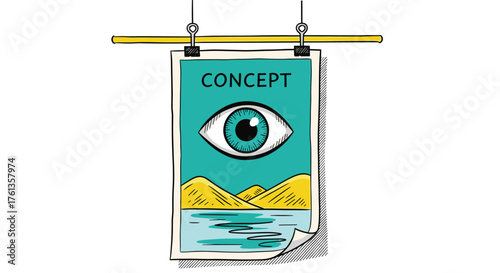 Creative Vision Concept Presentation:  Eye Symbol on  Hand-Drawn Poster  with Landscape, Abstract Illustration for  Business Strategy,  Innovative Ideas, Modern Art, Design, Marketing, Education,  Cla