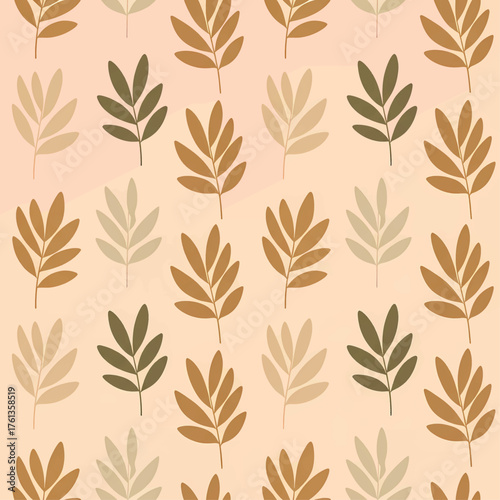 A seamless pattern featuring stylized leaves in various earthy tones of brown, beige, and olive green on a light peach background.
