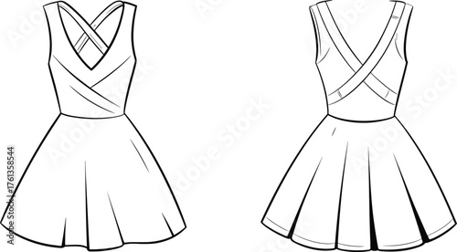 Fashion flat sketch of sleeveless pleated A‑line dress with crisscross bodice front and back view, technical vector illustration