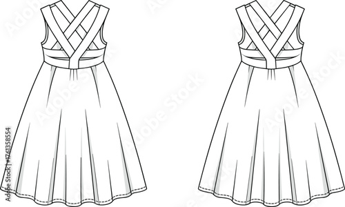 Elegant sleeveless dress vector illustration with crisscross bodice, fitted waistline, flared pleated skirt, minimalist fashion design, modern apparel template