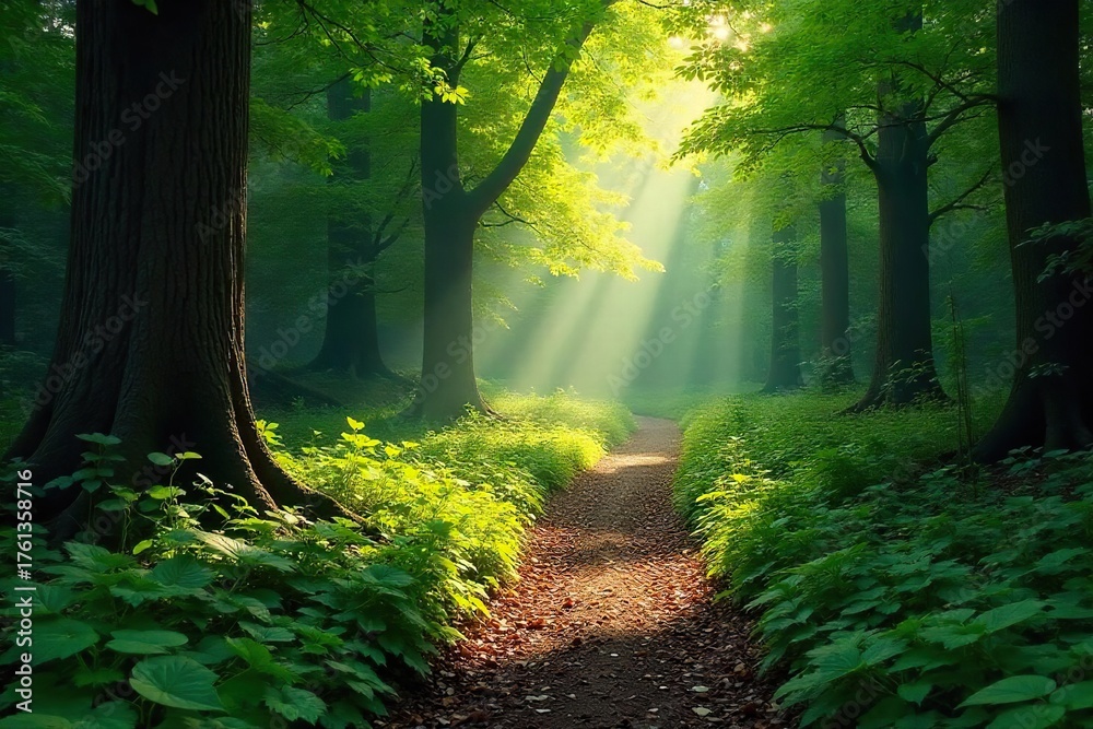 Obraz premium Sunlit Path Through Ancient Forest Magical Atmosphere of Deep Shadows and Vibrant Green Foliage