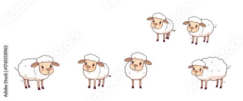 Cheerful cartoon sheep doodles in various poses, playful line art style, childish, simple