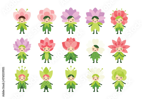 Vector illustration of cute cartoon flower fairies with different colorful petals