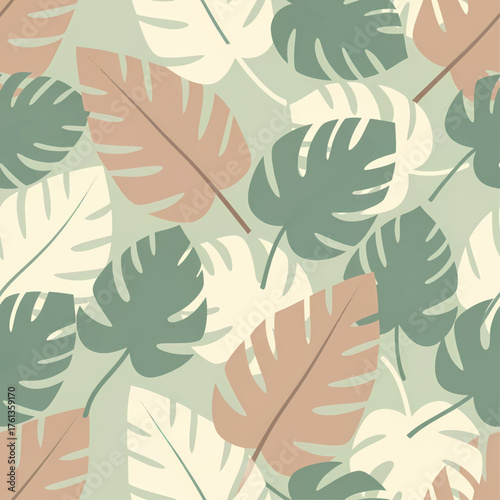Seamless pattern of stylized tropical monstera leaves in a muted, pastel color palette.