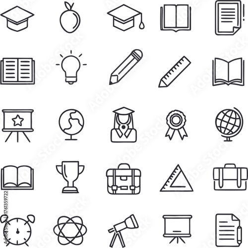 Education Essentials: A collection of meticulously crafted, minimalist line art icons symbolizing education and academic pursuits, perfect for adding a touch of learning to any project.