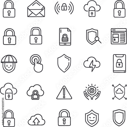 Cybersecurity Icons: A comprehensive collection of digital security symbols, safeguarding valuable data in the modern tech realm, illustrating safety and secure transactions.