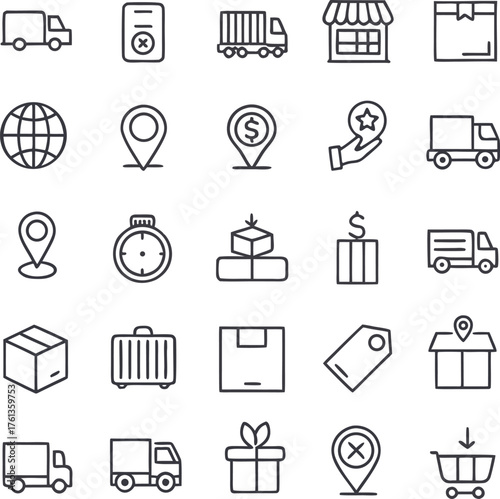 Logistics and E-commerce Icon Collection: A comprehensive collection of modern, clean-lined icons, perfectly representing the various elements of the logistics and e-commerce world.