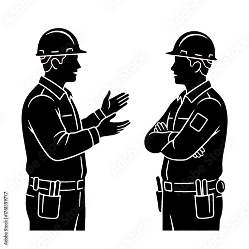silhouette illustration of two workers discussing with each other. white background.