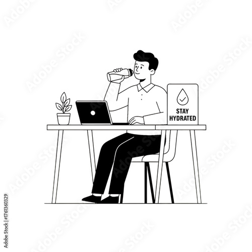 a person drinking water at work for health, avoiding dehydration, plain white background.