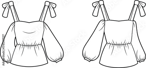 Fashion vector illustration of women’s puff sleeve peplum top with bow straps, front and back technical flat sketch design