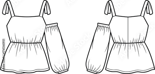 Fashion vector illustration of women’s peplum top with spaghetti straps, tied bows, detachable long sleeves, front and back views