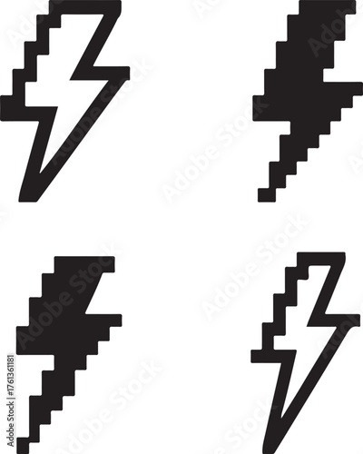 Isolated Flash Black Pixel Vector Icon Set, Pexels style lightning bolt power fast thunder, flash black pixel vector retro 8 bit design for speed and electric artwork