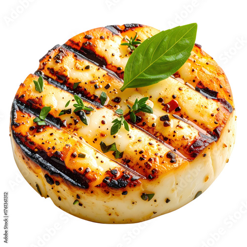 Grilled halloumi cheese with basil and herbs isolated white background