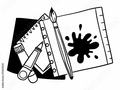 Artistic chaos doodle vector composition with paint brush ink and sketchpad