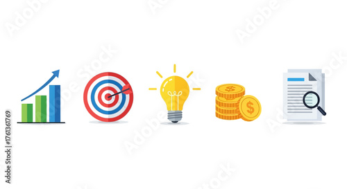 Business and Financial Growth Strategy, Ideas, and Success Metrics in a Visual Icon Set