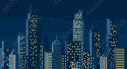 Glowing skyscrapers illuminate a cityscape at night, showcasing the vibrant energy of urban life