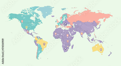 Pastel World Map with Location Pin Icons for Global Reach Visualization