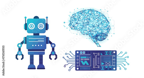 Artificial Intelligence concept A modern robot, digital brain, and circuit board representing AI technology, machine learning, and future innovation