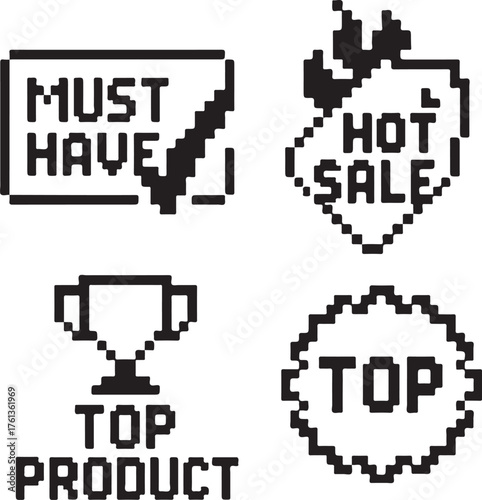 Isolated MustBuy Black Pixel Vector Icon Set, Pexels style must have deal hot sale top product icon, must buy black pixel vector retro 8 bit design for ecommerce and shopping