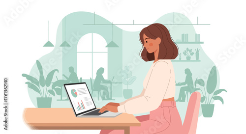 Productive young woman working diligently on her laptop in a contemporary, green-filled office setting, focused on business tasks and digital collaboration. Remote work and modern professionalism