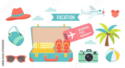 Vacation essentials a collection of travel icons showcasing summer vacation items and travel elements