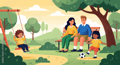 Joyful family in a vibrant park enjoying outdoor recreation. Parents watch children happily swing and play soccer, illustrating precious moments of fun and togetherness
