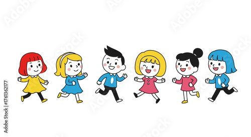 Adorable and diverse cartoon children happily running side by side, a concept of youthful energy, fun, and togetherness