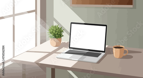 Home office workspace illustration with a laptop on a desk by a sunlit window, representing a peaceful remote work or freelance lifestyle