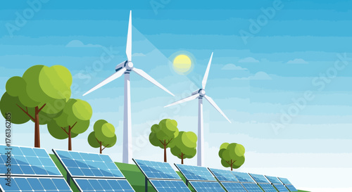 Renewable energy sources, including solar panels and wind turbines, powering a sustainable future with clean power generation