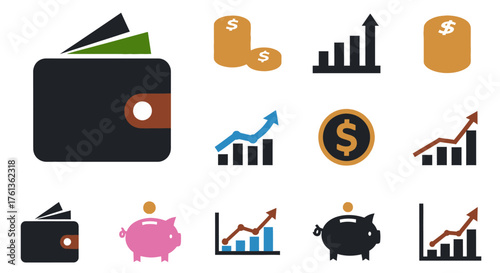 Financial Icons Wallet, Money, Savings, Charts, and Economic Growth Illustrations