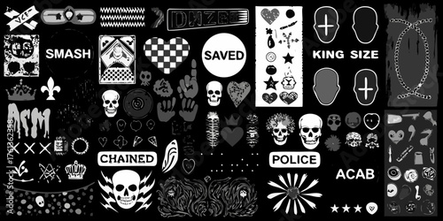 Collection of grunge and punk style graphic elements and symbols in monochrome