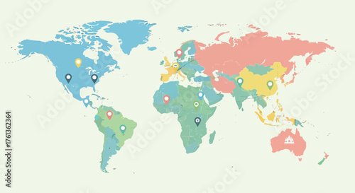 Vibrant illustrated world map showcasing global geographic data and pinpoint locations across continents, ideal for international business, education, and travel projects