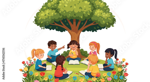 Diverse children engaged in a collaborative group study session under a large, vibrant tree, symbolizing shared knowledge and educational growth in a natural setting