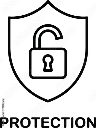 Open padlock on shield representing data protection and cybersecurity vulnerability assessment concept for digital safety against cybercrime risks