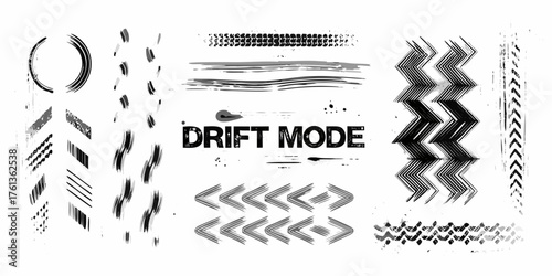 Collection of grunge tire tracks and abstract brush strokes with the text drift mode