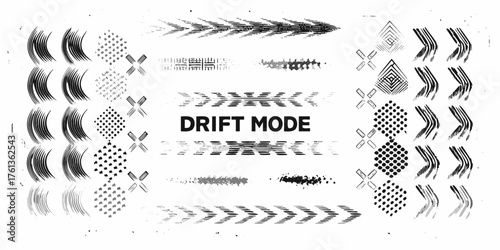 Abstract grunge graphic elements and text drift mode with distressed textures and patterns
