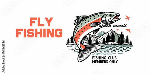 Retro fly fishing emblem with leaping trout mountains and pine trees