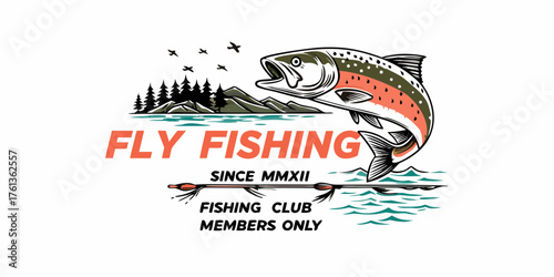 Dynamic fly fishing emblem featuring a leaping trout and mountain landscape with fishing club text