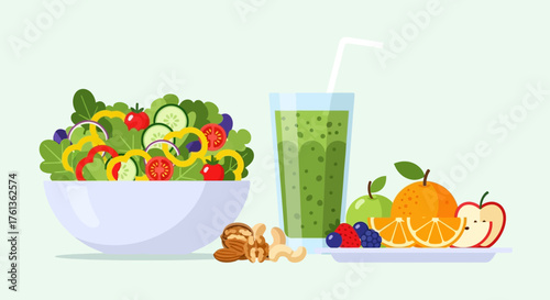 Healthy food selection Fresh salad, nutritious smoothie, and vibrant fruits for a balanced diet and well-being