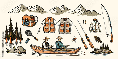 Vintage style illustration of two fishermen in a canoe surrounded by fishing gear and mountain scenery