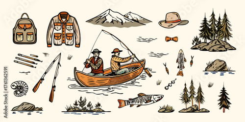Vintage illustration of two men fishing from a canoe with various outdoor gear and nature elements