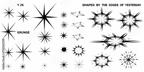 Collection of abstract starburst shapes and grunge elements with y2k and retro design influences