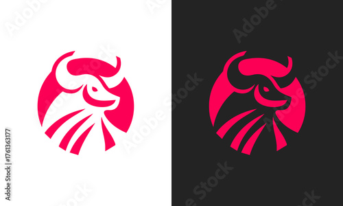 Stylized abstract bull head logo design in vibrant pink on white and black backgrounds