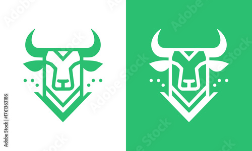 Modern geometric bull head logo design with abstract tribal elements on white and green backgrounds
