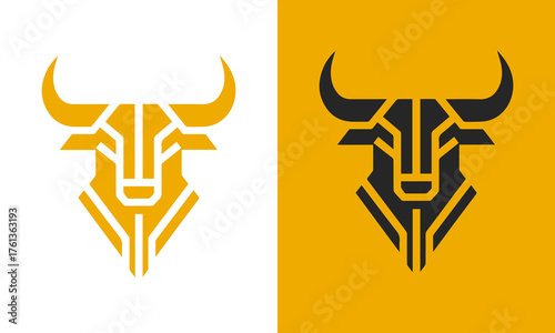 Geometric abstract bull head logo design in gold and dark blue on white and yellow backgrounds