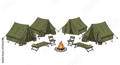 Outdoor military survival camp layout with tents, a blazing campfire, and essential equipment isolated on white background