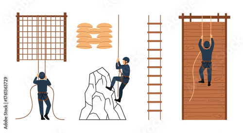 Climbing Adventures Illustrated depiction of individuals engaging in various rock climbing and rope ascents